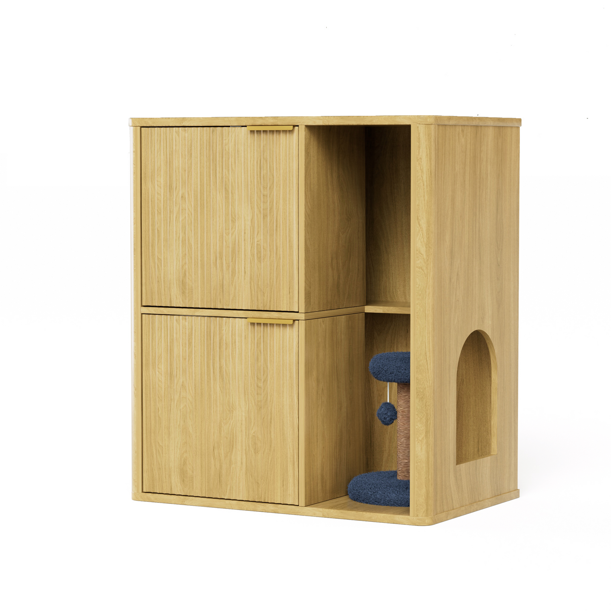 Cat litter cabinet with built-in cat tree, 31.5-inch light wood with blue carpeted posts on Tampa Home & Garden Store