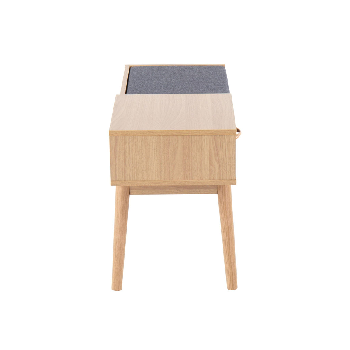 Contemporary upholstered bench with pull-out drawer, light wood frame and gray fabric seat on Tampa Home & Garden Store