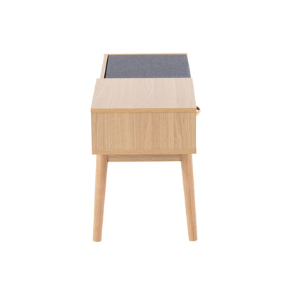 Contemporary upholstered bench with pull-out drawer, light wood frame and gray fabric seat on Tampa Home & Garden Store