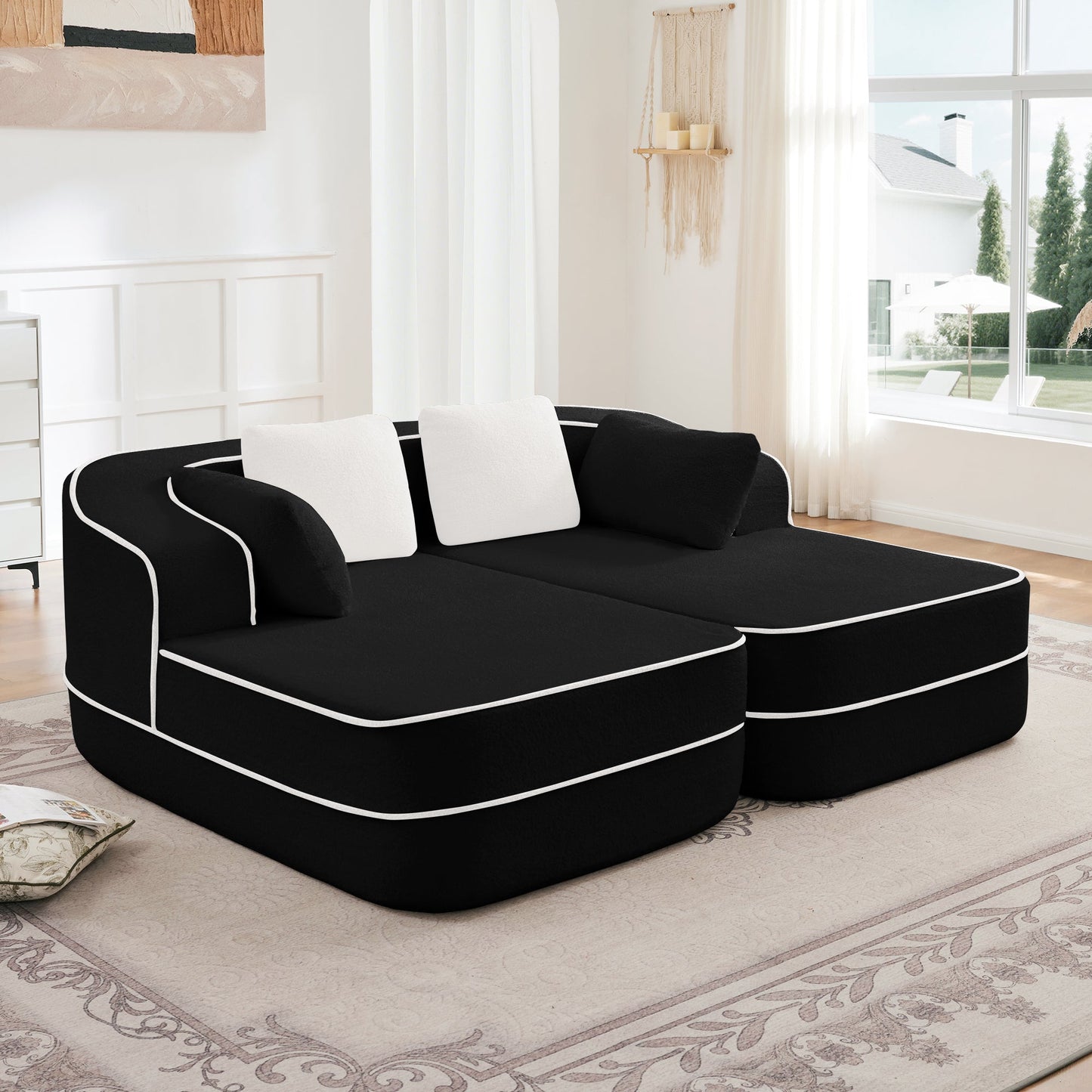 77.2-inch Teddy Fabric Modular Sofa in black with white piping and white cushions on Tampa Home & Garden Store