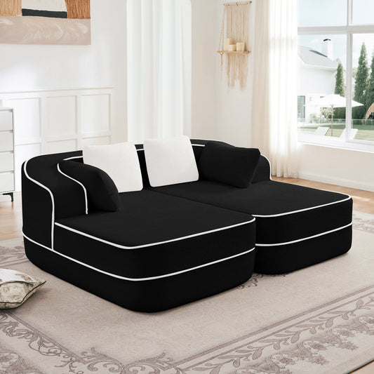 77.2-inch Teddy Fabric Modular Sofa in black with white piping and white cushions on Tampa Home & Garden Store