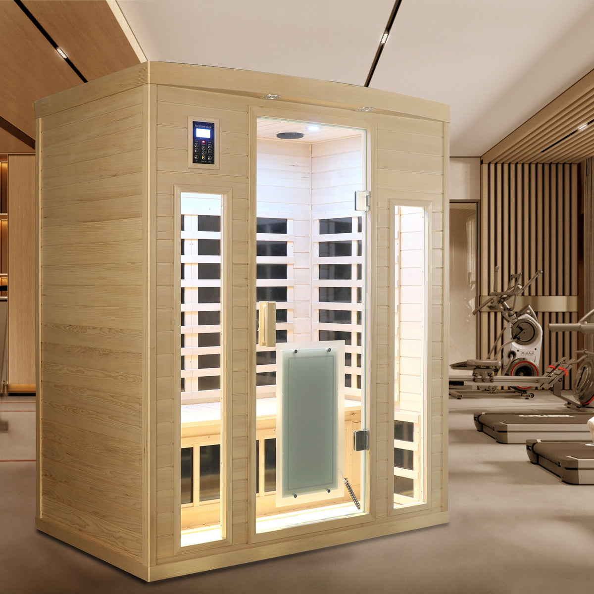 Three-person low EMF far-infrared sauna in hemlock wood with glass door and control panel on Tampa Home & Garden Store