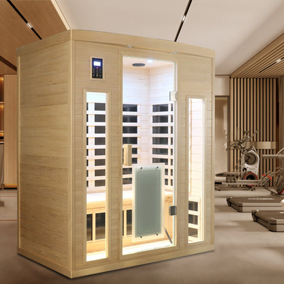 Three-person low EMF far-infrared sauna in hemlock wood with glass door and control panel on Tampa Home & Garden Store