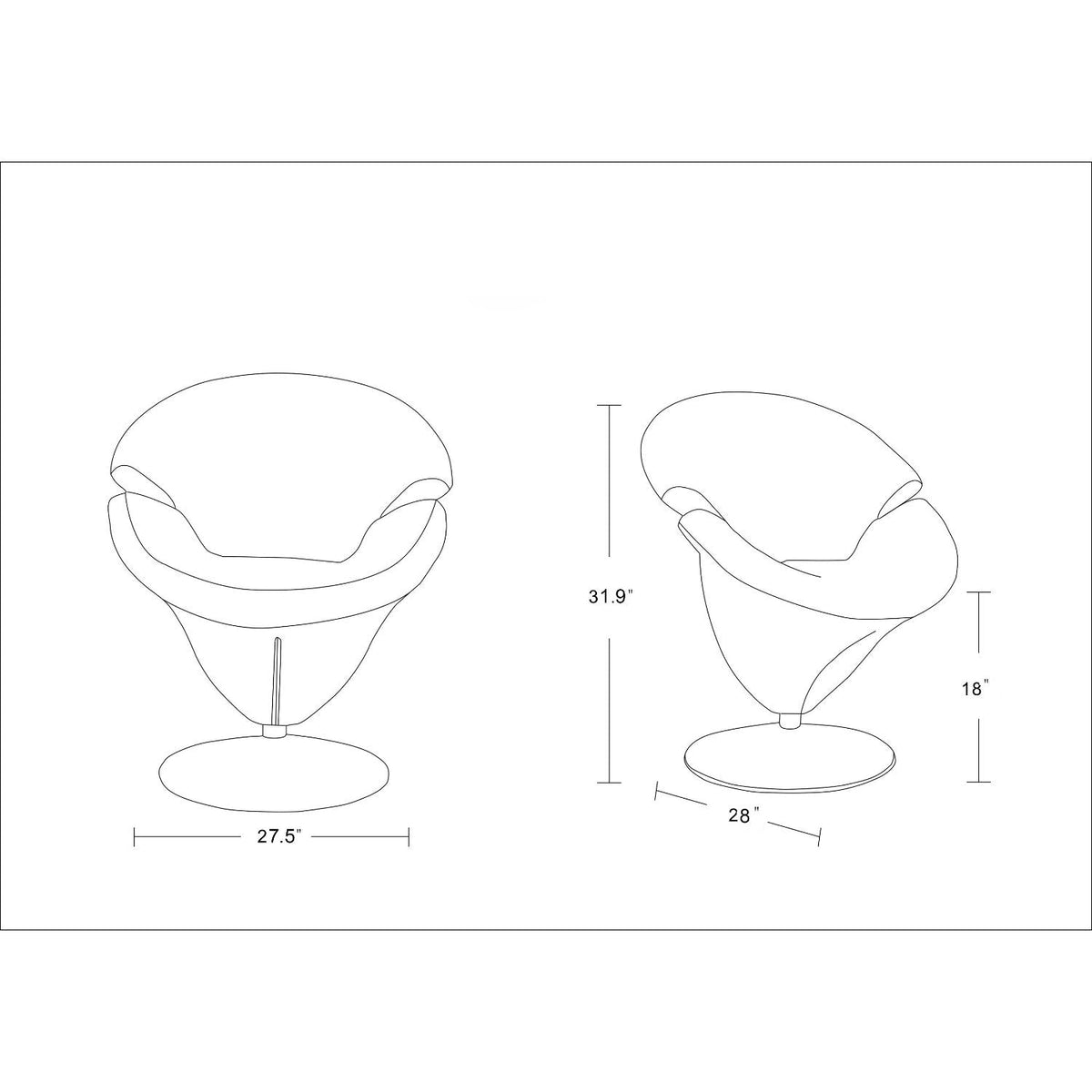 Tulip Swivel Lounge Chair schematic by HouseOfZazla in multiple colors, 360° rotation; dims 27.5W x 28D x 31.9H on Tampa Home & Garden Store