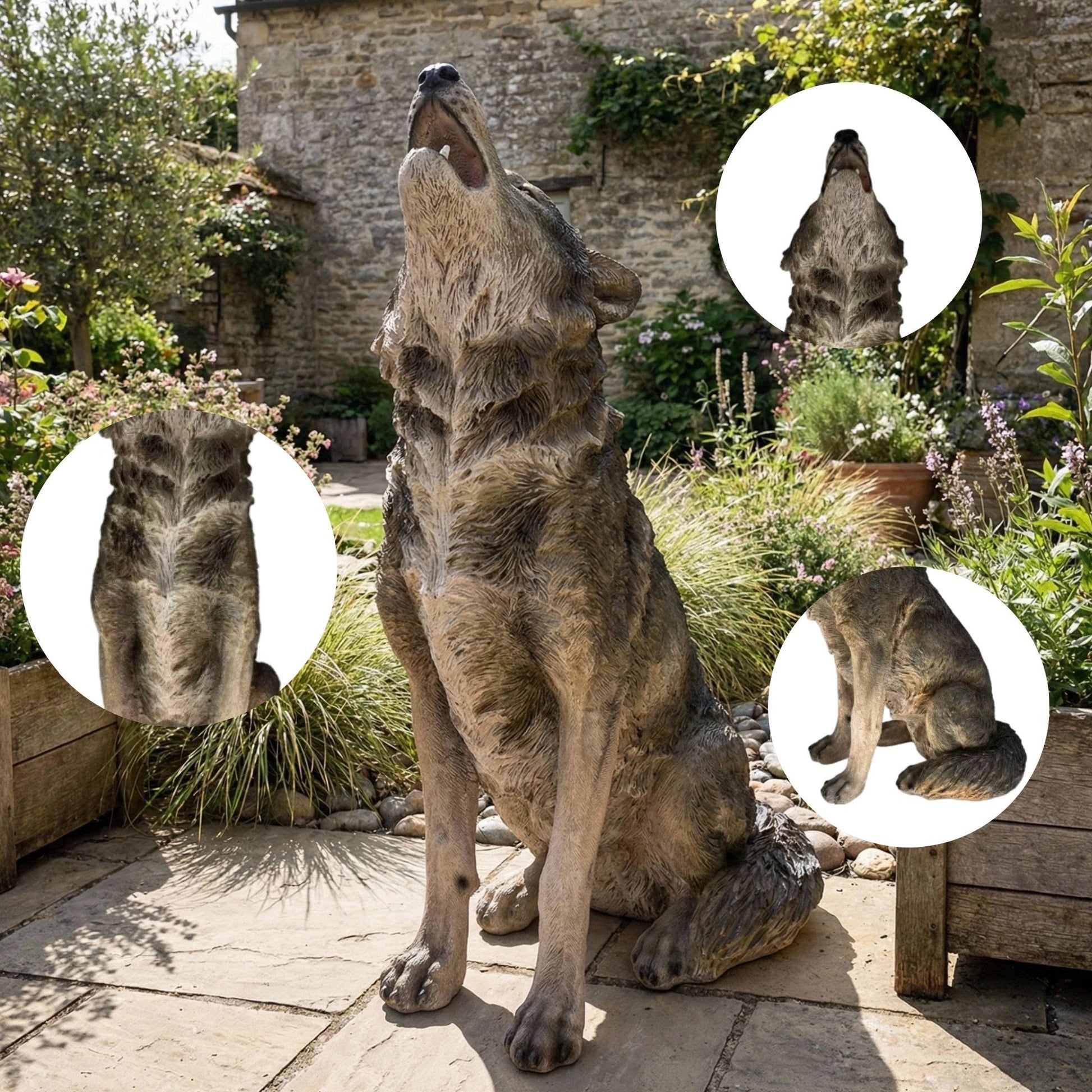 Simulated howling wolf garden statue by HouseOfZazla, brown textured resin sculpture on Tampa Home & Garden Store
