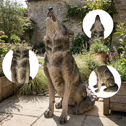 Simulated howling wolf garden statue by HouseOfZazla, brown textured resin sculpture on Tampa Home & Garden Store