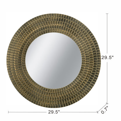 Round gold and black wooden accent mirror with a woven tile frame 29.5in by HouseOfZazla on Tampa Home & Garden Store