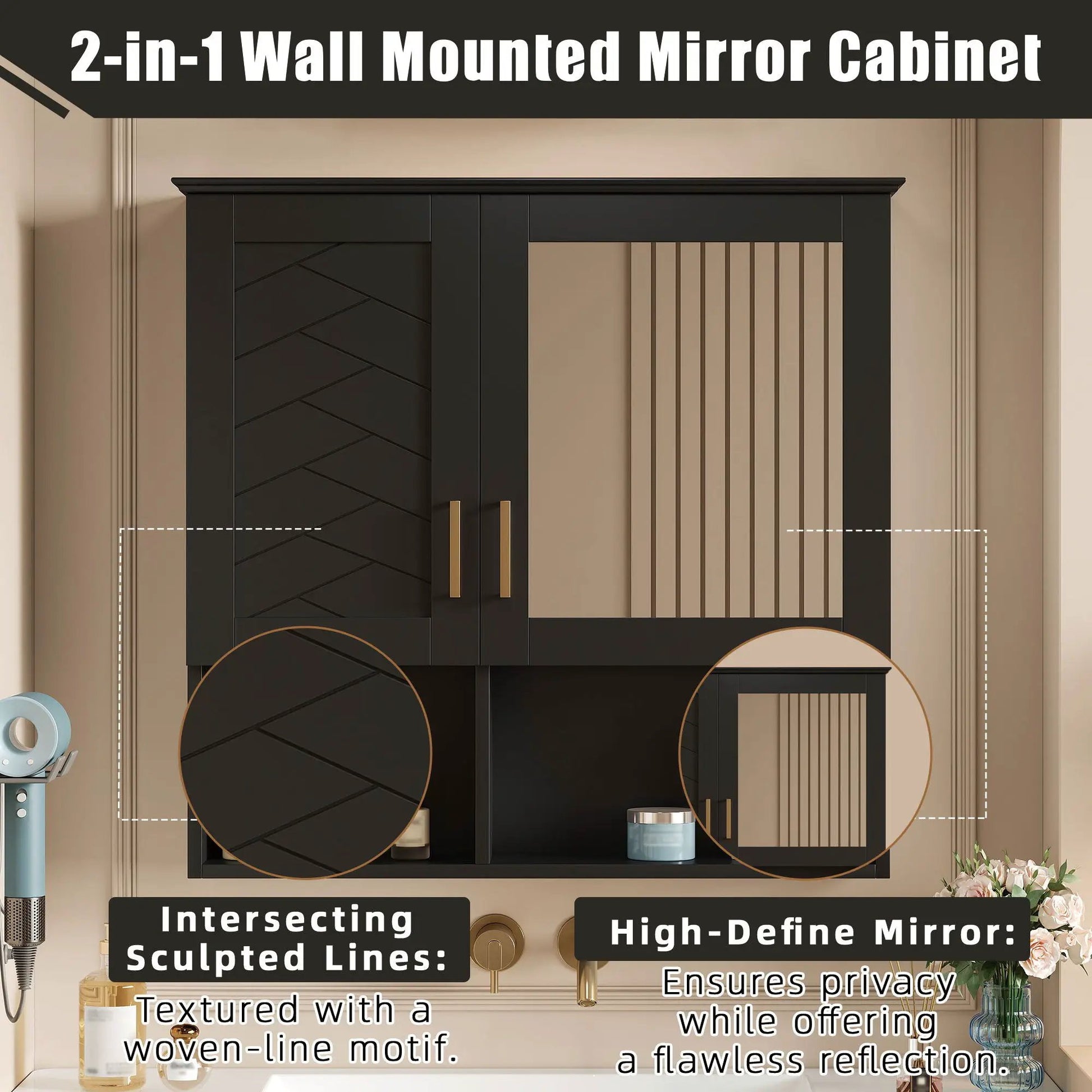 2-in-1 wall-mounted mirror cabinet black finish with gold handles and adjustable shelves on Tampa Home & Garden Store