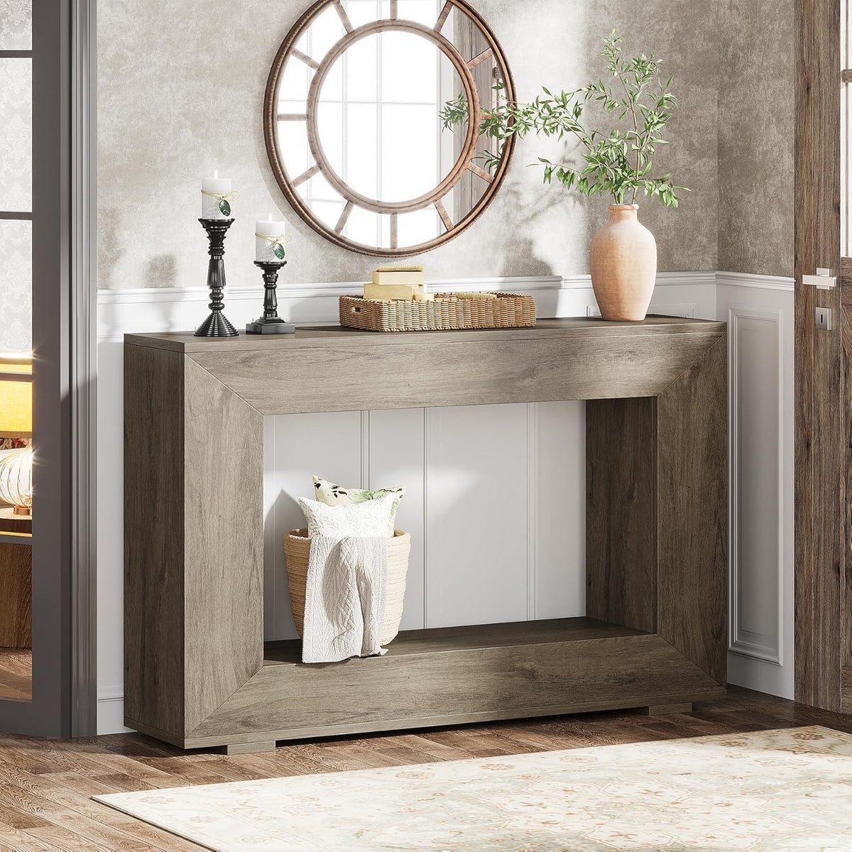 Narrow entryway storage console table in dark brown wood with open shelf on Tampa Home & Garden Store