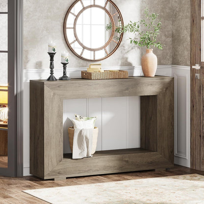 Narrow entryway storage console table in dark brown wood with open shelf on Tampa Home & Garden Store