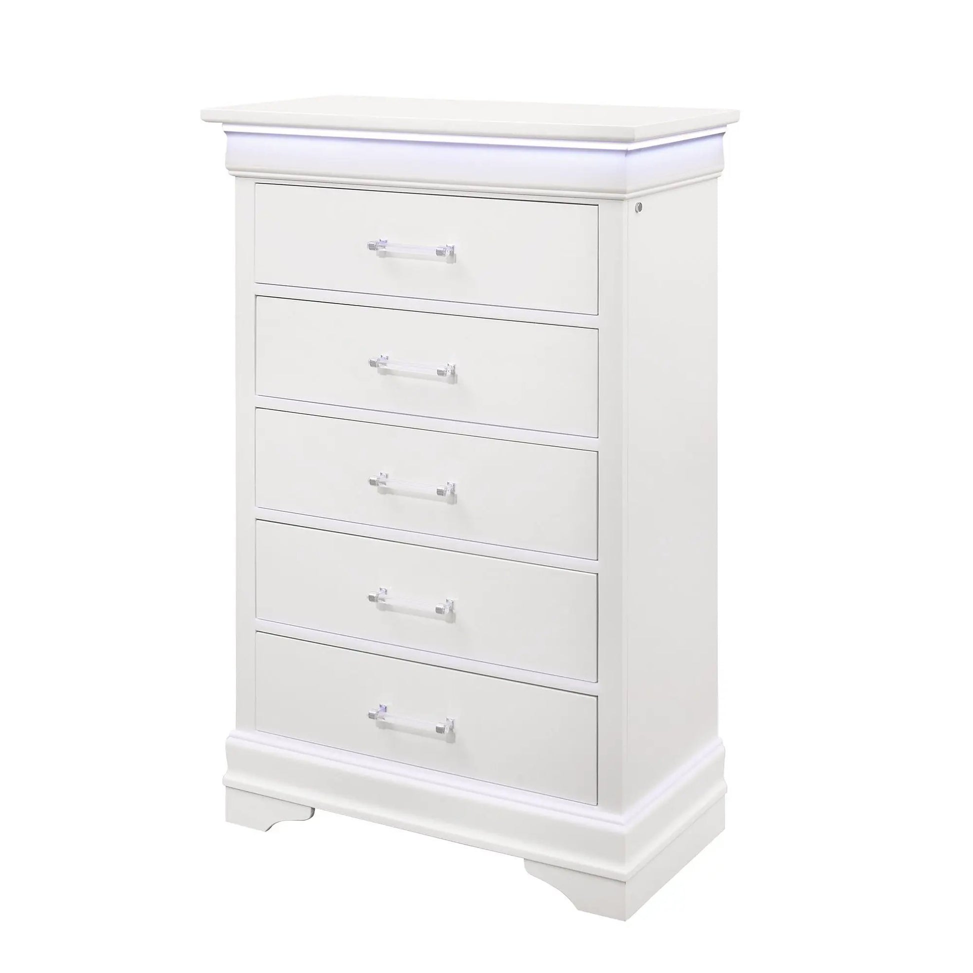 White Charlston chest with LED lighting, tall accent chest by Unique Piece Furniture on Tampa Home & Garden Store