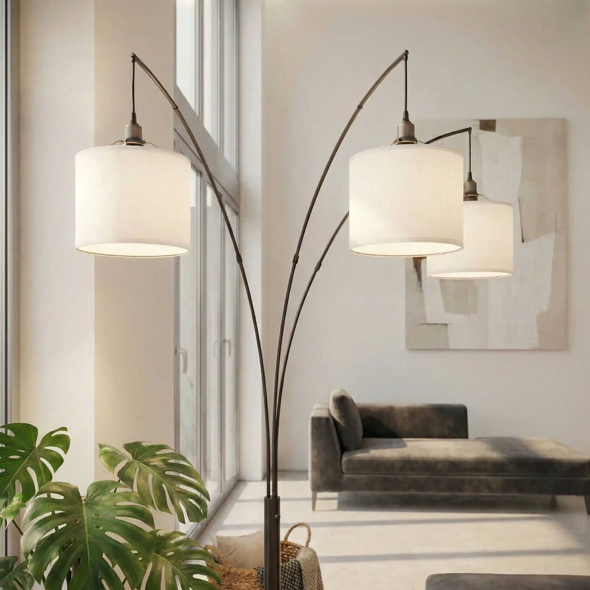 Royal 3-arm arc floor lamp in oil-rubbed bronze with linen shade on Tampa Home & Garden Store