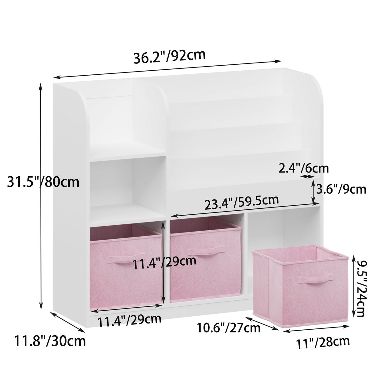 Bookcase and Bookshelf with 3 Collapsible Drawers and pink fabric baskets HouseOfZazla on Tampa Home & Garden Store