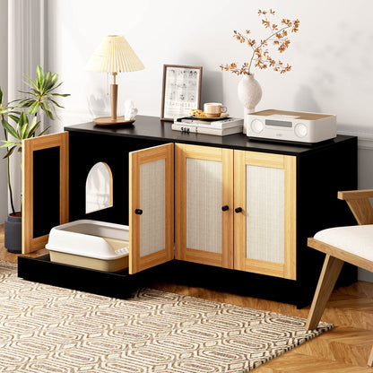 Double litter box enclosure for cats by HouseOfZazla, black wood frame with woven doors on Tampa Home & Garden Store