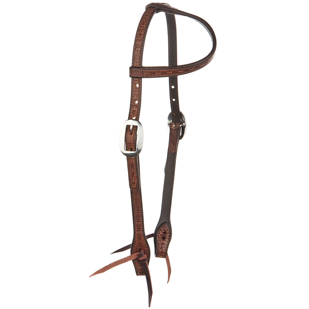 Single-ear headstall WD-BTSEH-MO by Mayatex medium oil brick tooling brown leather with buckles on Tampa Home & Garden Store