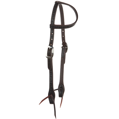 Headstall Mayatex oil brick tooling 5/8 inch single-ear, black leather with silver buckle on Tampa Home & Garden Store