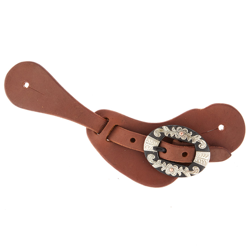 Ladies Youth Spur Straps by Mayatex with Floral Buckle, brown leather on Tampa Home & Garden Store