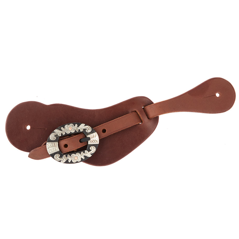 Mens heavy oiled cowboy spur straps with floral silver buckle Mayatex brown leather on Tampa Home & Garden Store