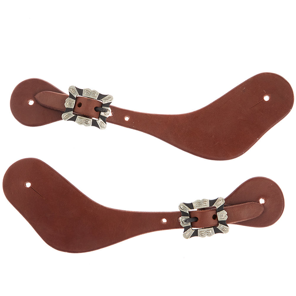 Mens oiled dove wing spur straps by Mayatex, brown leather pair with square silver bar buckles on Tampa Home & Garden Store