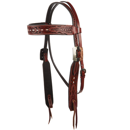 Buckstitch Ranger Browband Headstall red leather with tooled pattern and brass hardware on Tampa Home & Garden Store