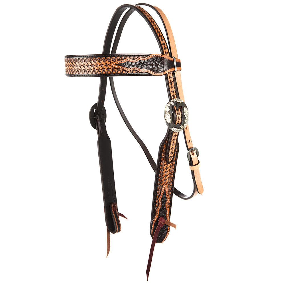 WD-SBH6 Basket Stamp Browband Headstall, tan and black leather with silver concho on Tampa Home & Garden Store