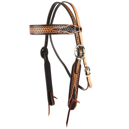 WD-SBH6 Basket Stamp Browband Headstall, tan and black leather with silver concho on Tampa Home & Garden Store