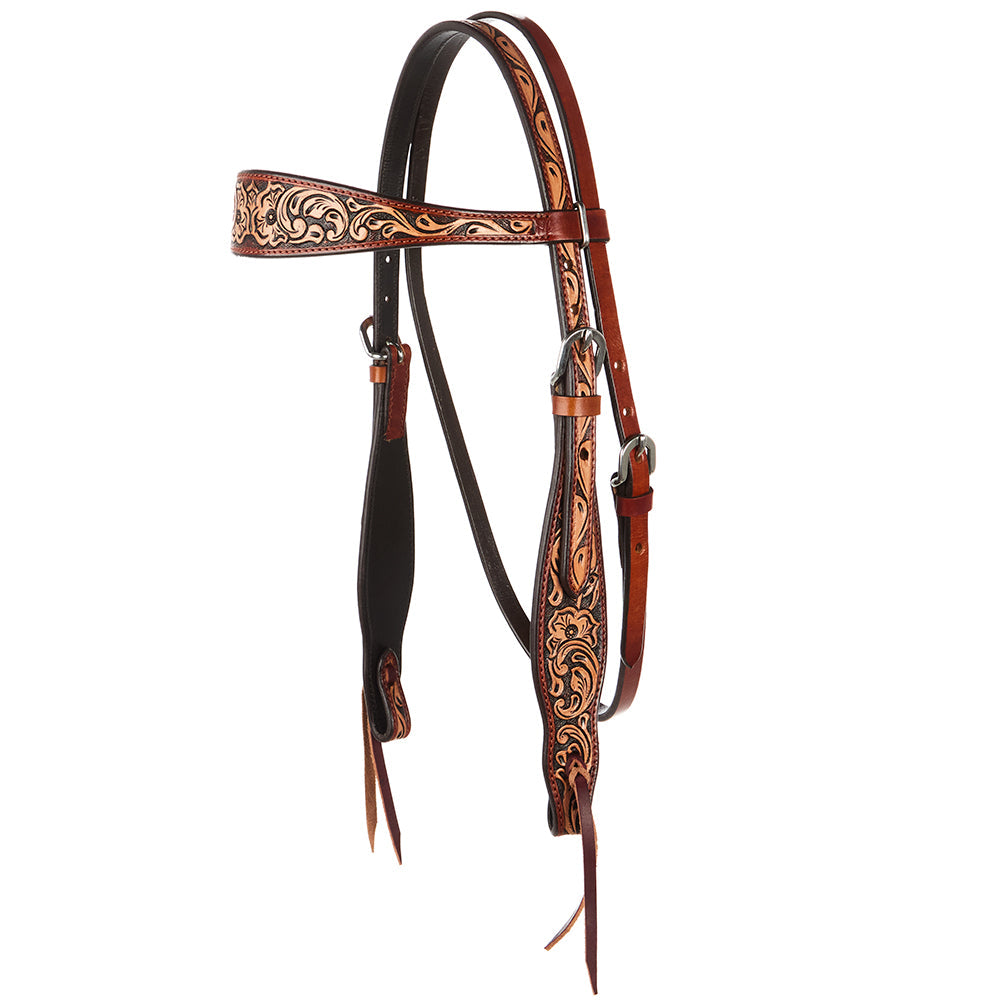 Floral tooled chestnut browband headstall with leather cheek straps on Tampa Home & Garden Store