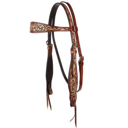 Floral tooled chestnut browband headstall with leather cheek straps on Tampa Home & Garden Store
