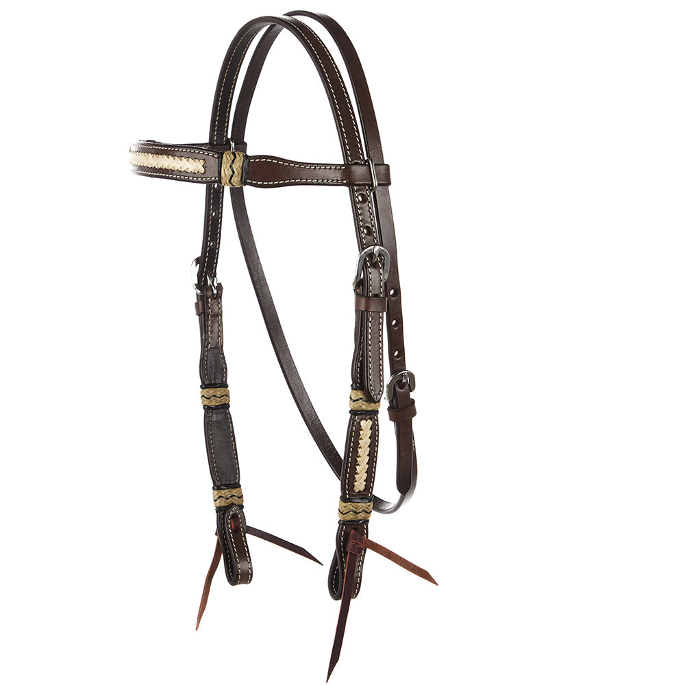 Mayatex WD-SBH10 braided rawhide chocolate browband headstall with decorative beige braid accents on Tampa Home & Garden Store