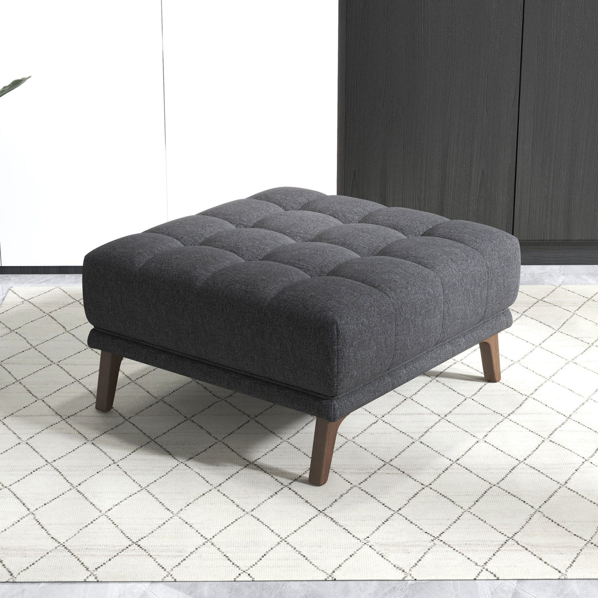 Addison Square Upholstered Ottoman dark gray tufted fabric with wood legs by HouseOfZazla on Tampa Home & Garden Store