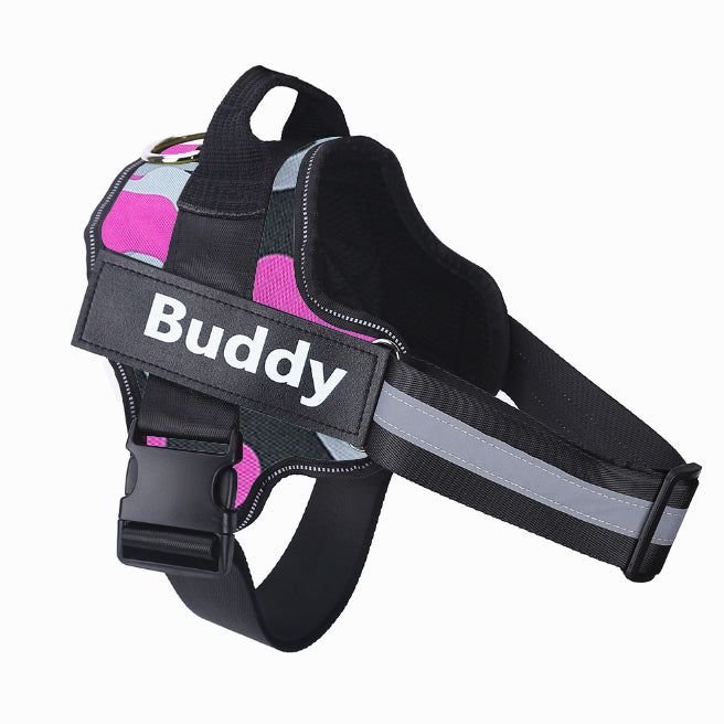 Personalized No-Pull Reflective Dog Harness by Pet Zen with pink Buddy patch on Tampa Home & Garden Store