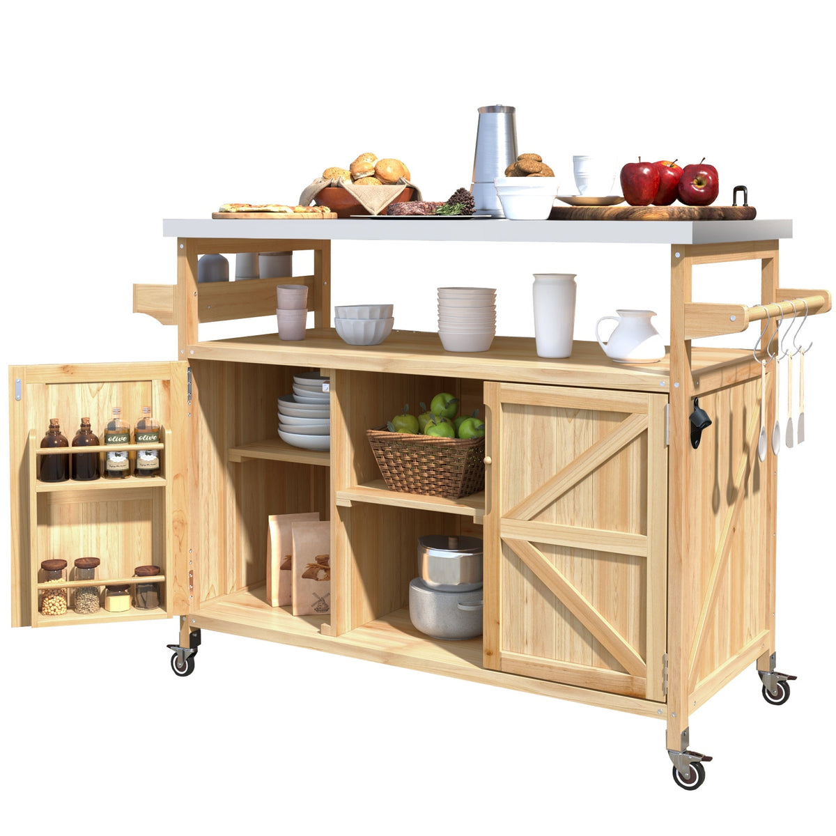 K&K Outdoor Kitchen Island rolling bar cart in natural wood by HouseOfZazla on Tampa Home & Garden Store