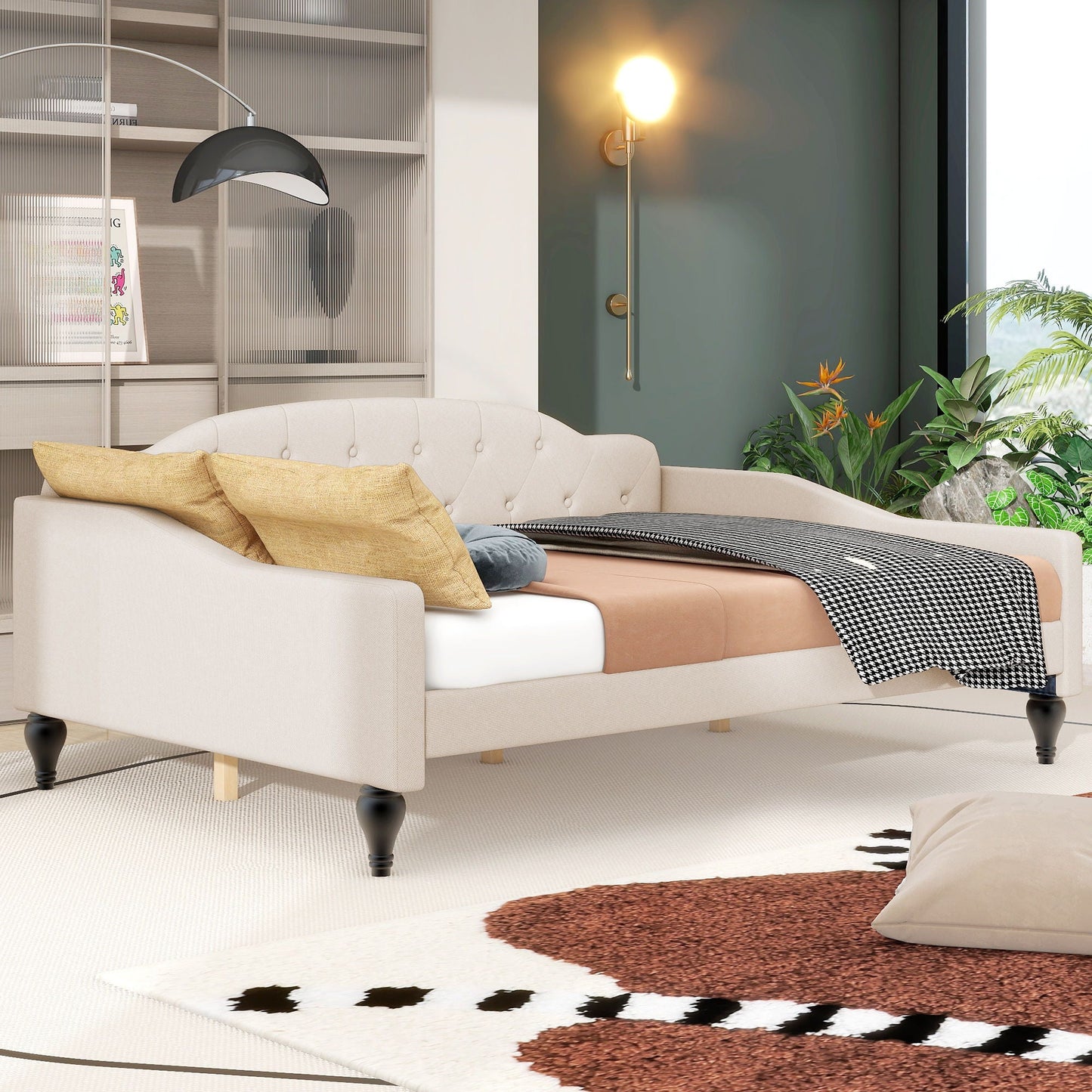 Beige tufted daybed with buttoned back, mustard cushions and houndstooth throw in chic room on Tampa Home & Garden Store