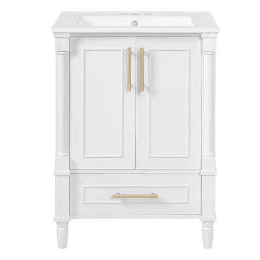 Bathroom vanity with French cylinder legs, white finish, brass handles, soft-close drawer on Tampa Home & Garden Store