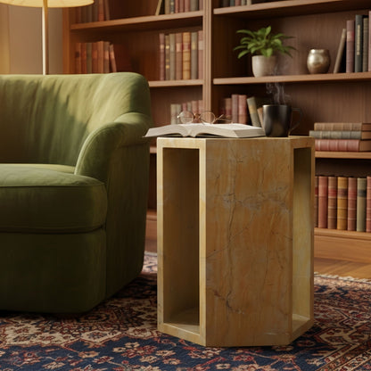 Modern Minimalist Hexagon Side Table by HouseOfZazla with marble veneer and open cube base on Tampa Home & Garden Store