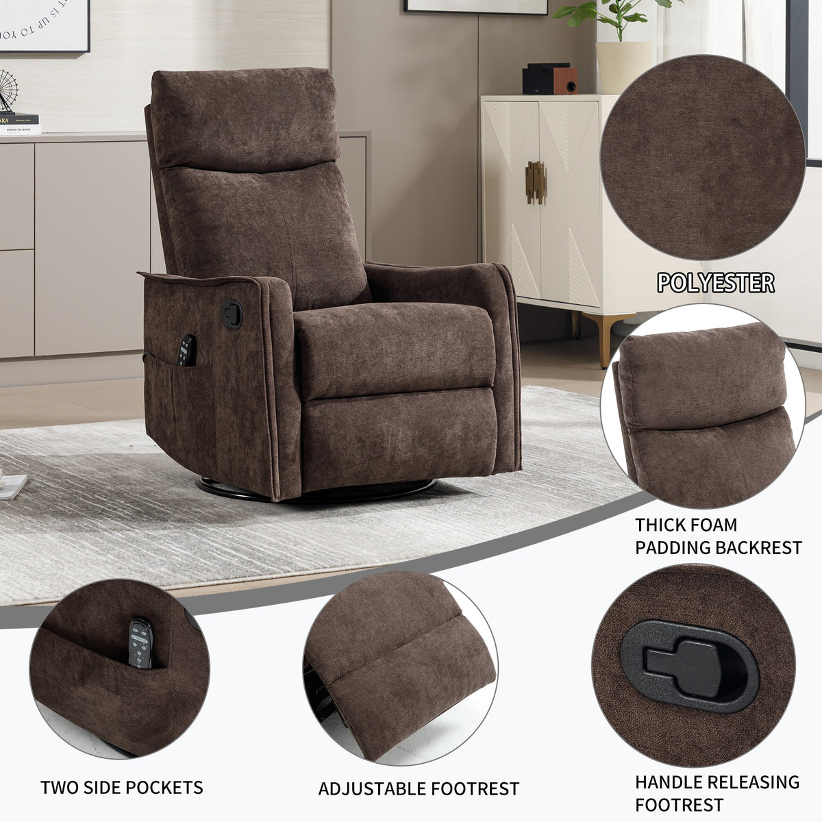 Heat Massage Recliner Chair in brown polyester fabric with rocker and swivel by HouseOfZazla on Tampa Home & Garden Store