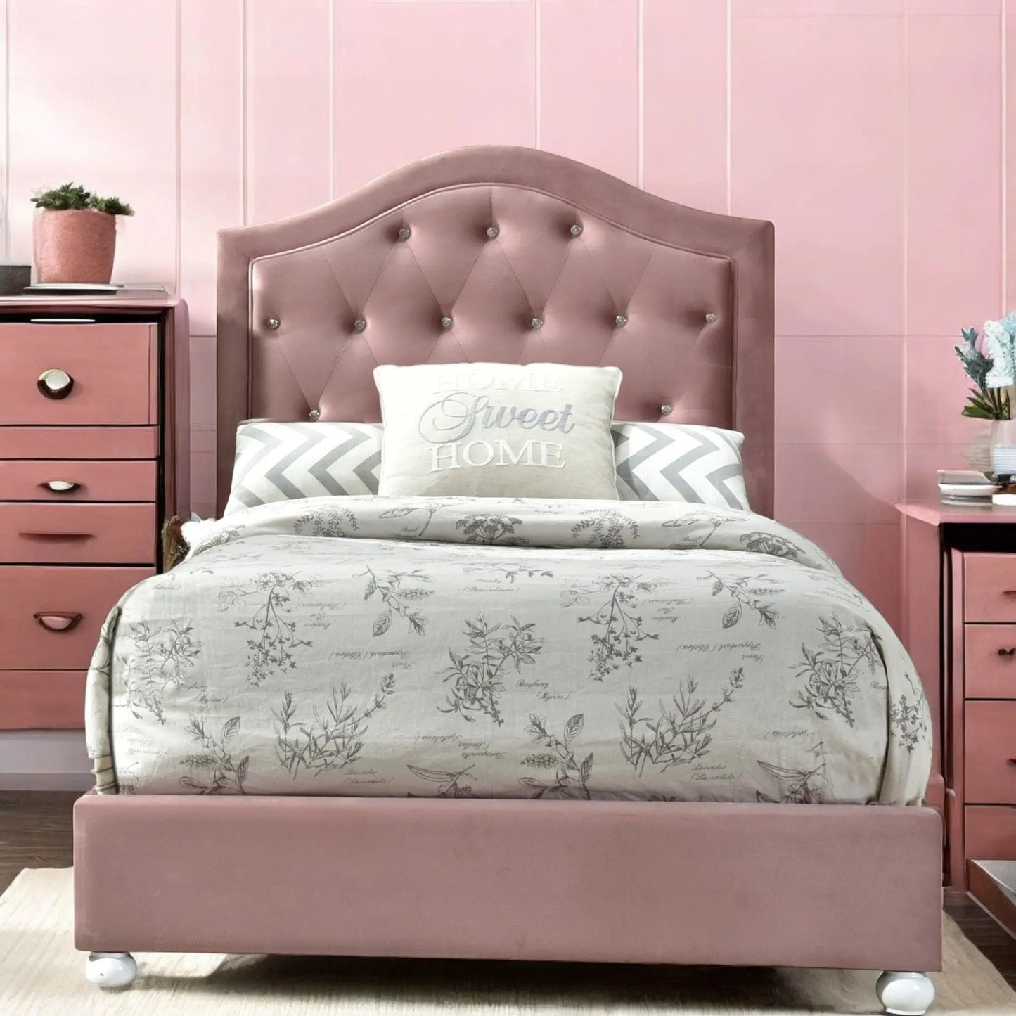 Reggie twin bed pink upholstered with curved tufted headboard and diamond buttons on Tampa Home & Garden Store