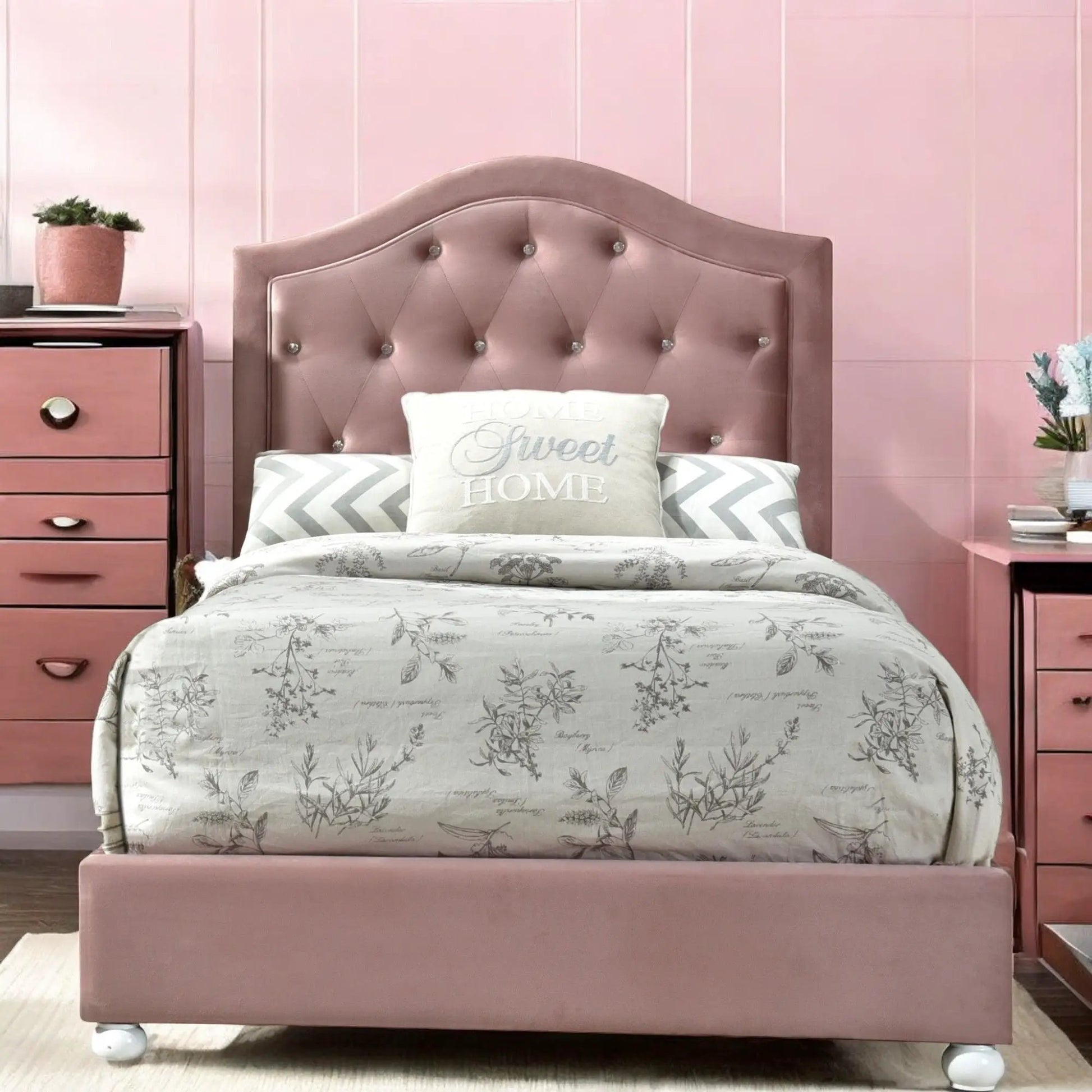 Reggie twin bed pink upholstered with curved tufted headboard and diamond buttons on Tampa Home & Garden Store
