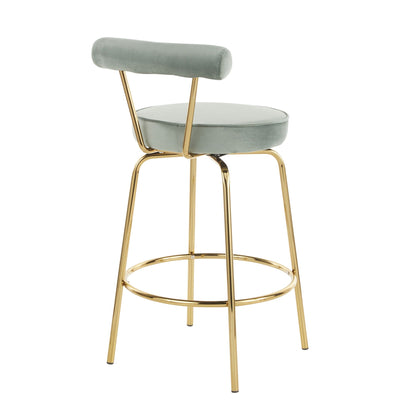 Glam counter stools with swivel seats, set of 2 in pale sage velvet with gold metal legs on Tampa Home & Garden Store