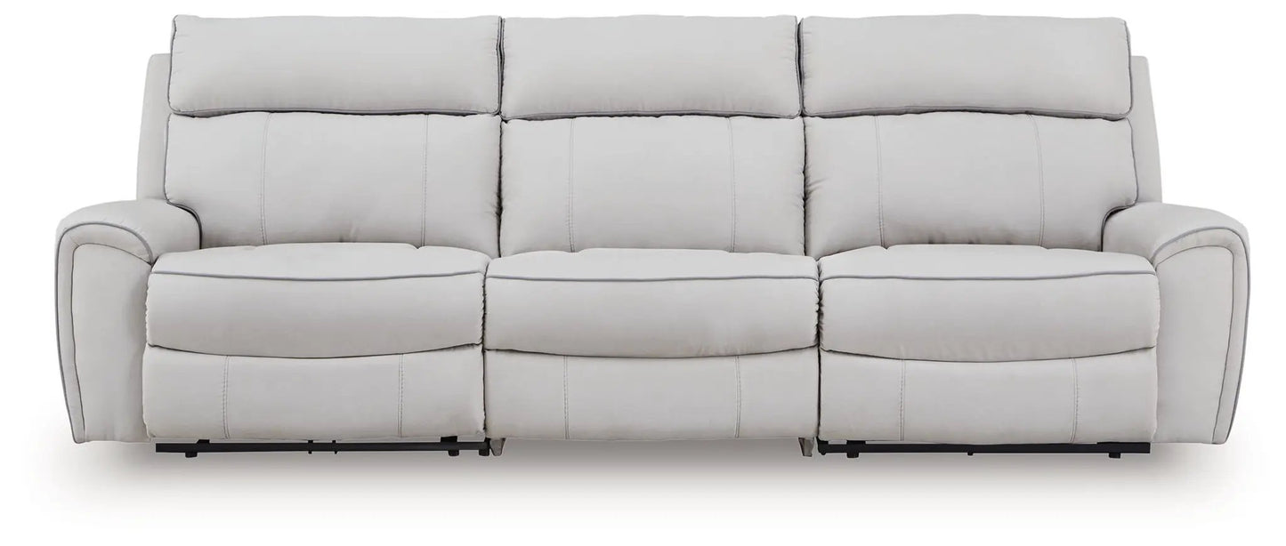 Social Pointe reclining sectional by Unique Piece Furniture in light gray fabric upholstery on Tampa Home & Garden Store