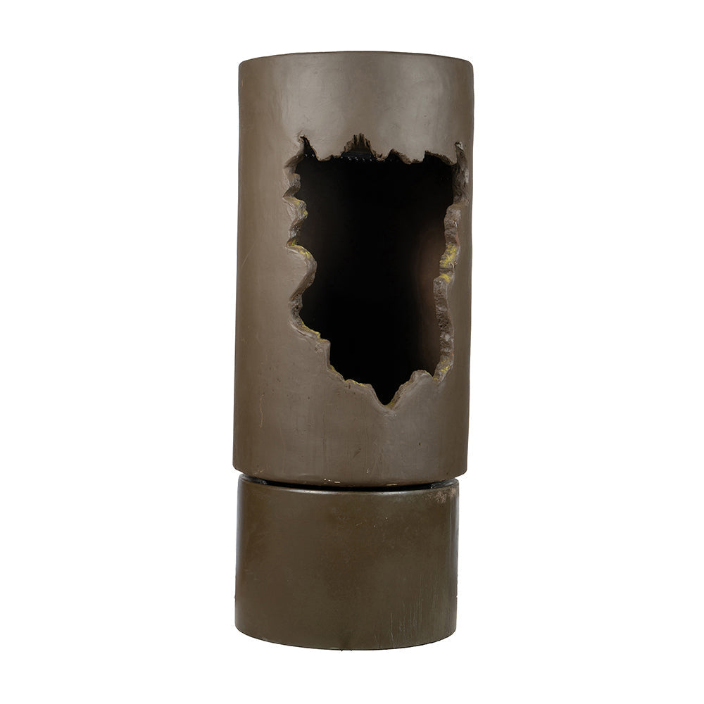 Outdoor fountain in brown with cylindrical form and jagged cutout, contemporary calming design on Tampa Home & Garden Store