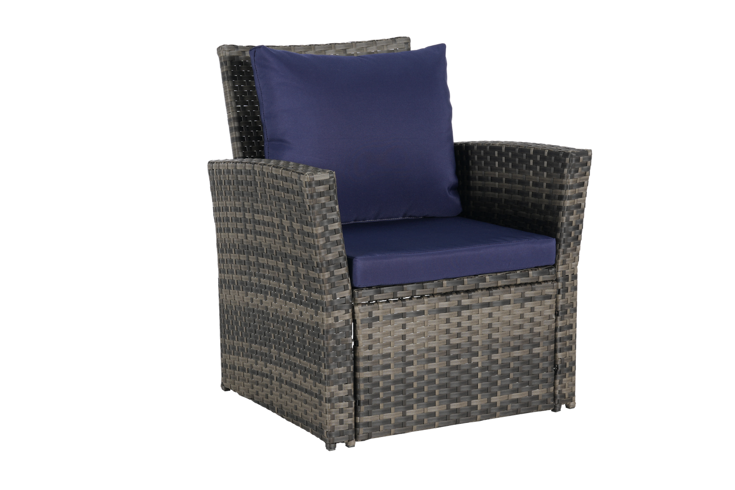 Outdoor rattan chair with navy cushions on Tampa Home & Garden Store