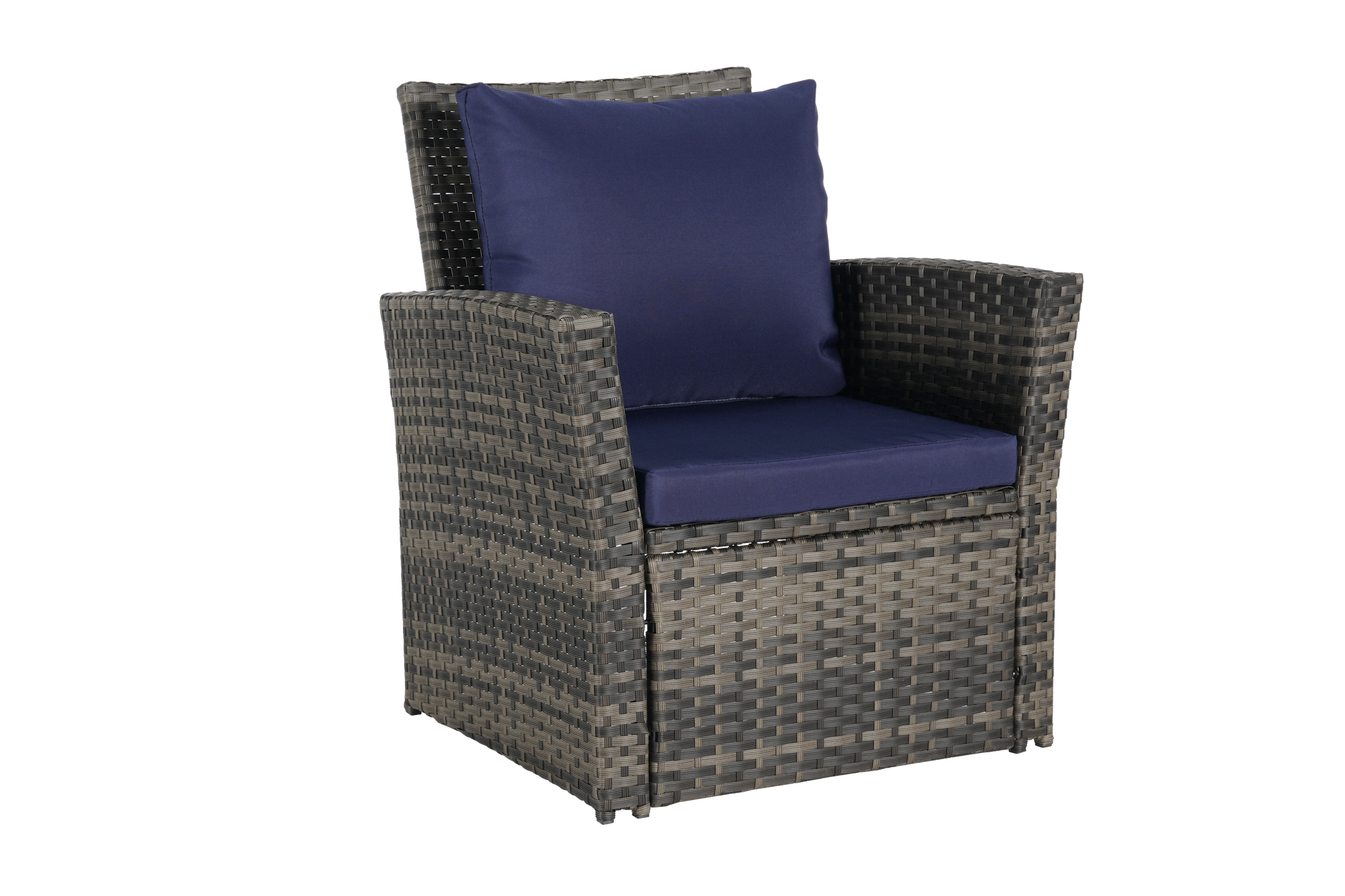 Outdoor rattan chair with navy cushions on Tampa Home & Garden Store