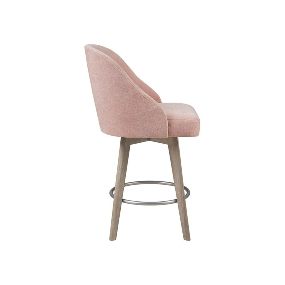Bar stool with pink fabric upholstery, swivel seat, solid wood legs with metal footrest on Tampa Home & Garden Store