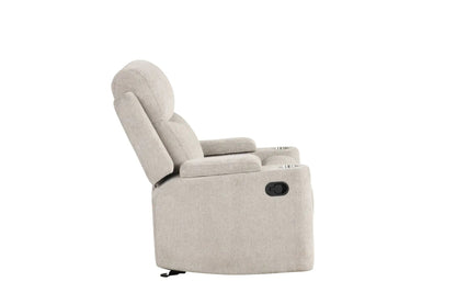 Galya motion glider recliner in light gray fabric with headrest and side lever on Tampa Home & Garden Store