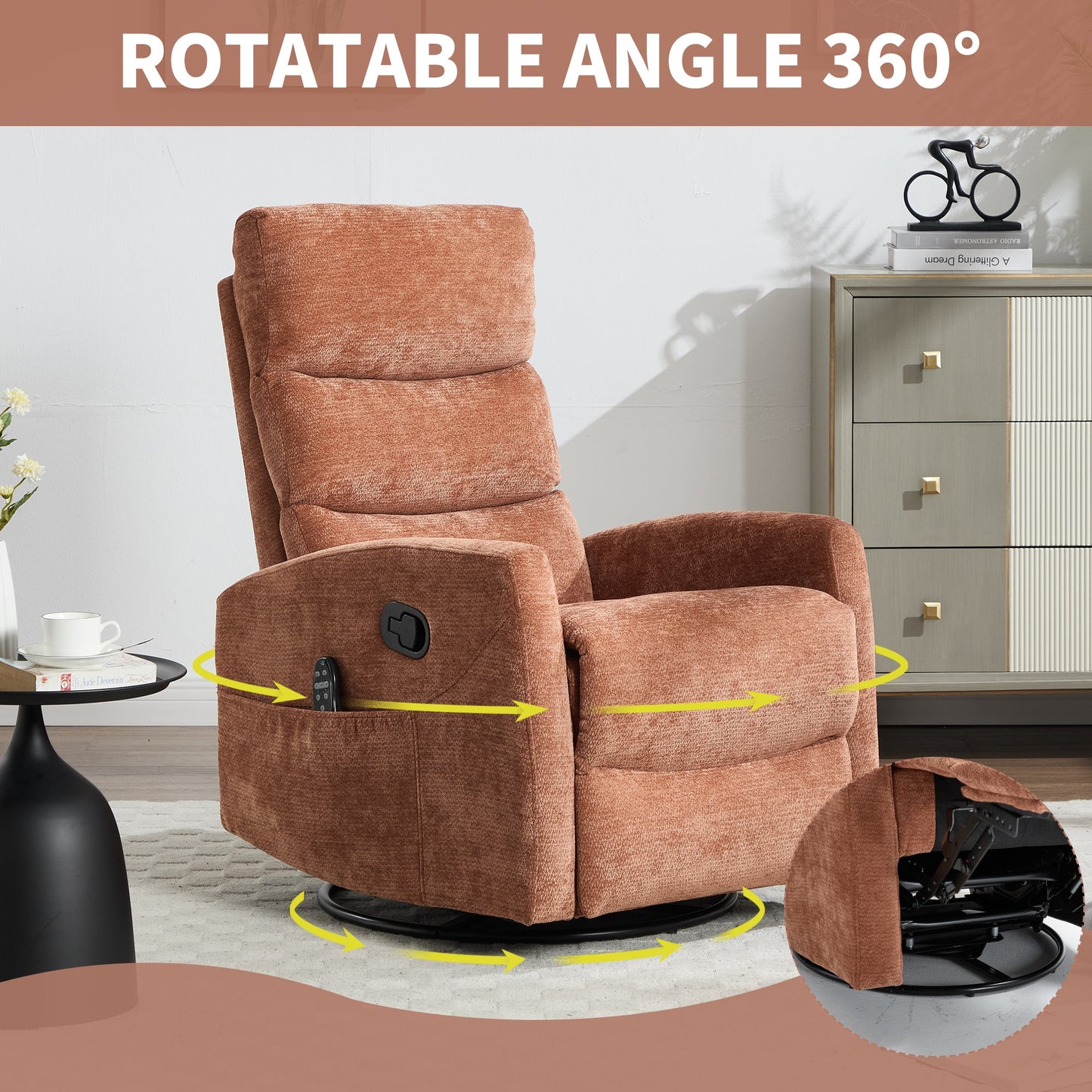 Heat Massage Manual Recliner Chair rust textured fabric with swivel base and side remote on Tampa Home & Garden Store