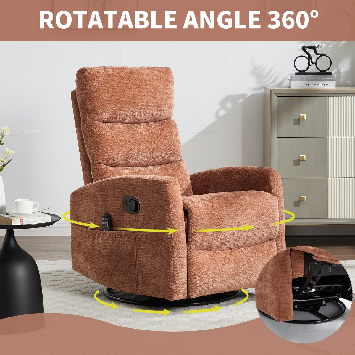 Heat Massage Manual Recliner Chair rust textured fabric with swivel base and side remote on Tampa Home & Garden Store