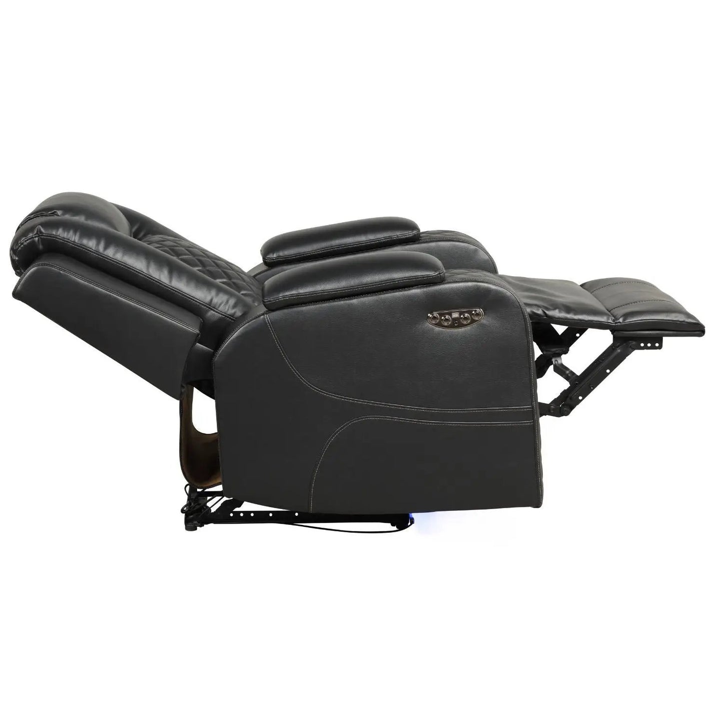 Benz LED power recliner chair with adjustable headrest in black leather, side control panel on Tampa Home & Garden Store