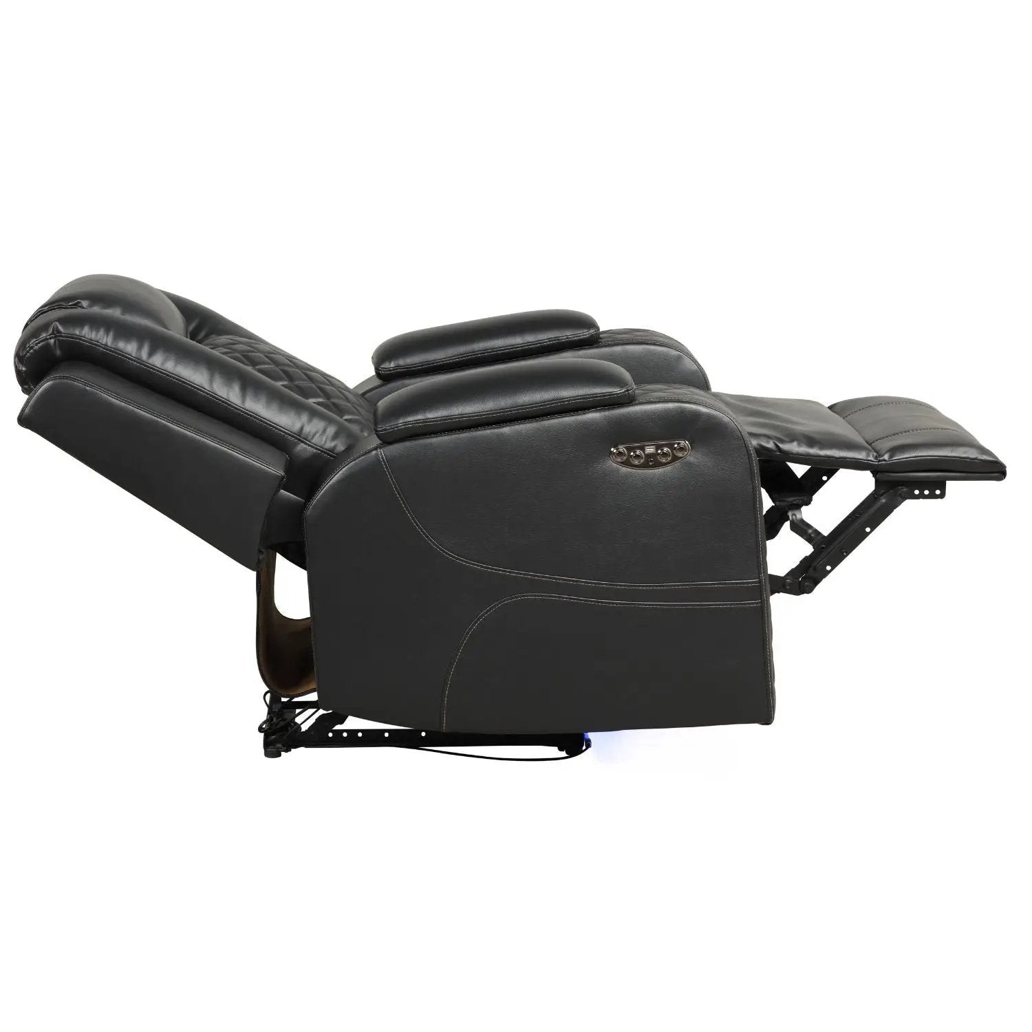 Benz LED power recliner chair with adjustable headrest in black leather, side control panel on Tampa Home & Garden Store