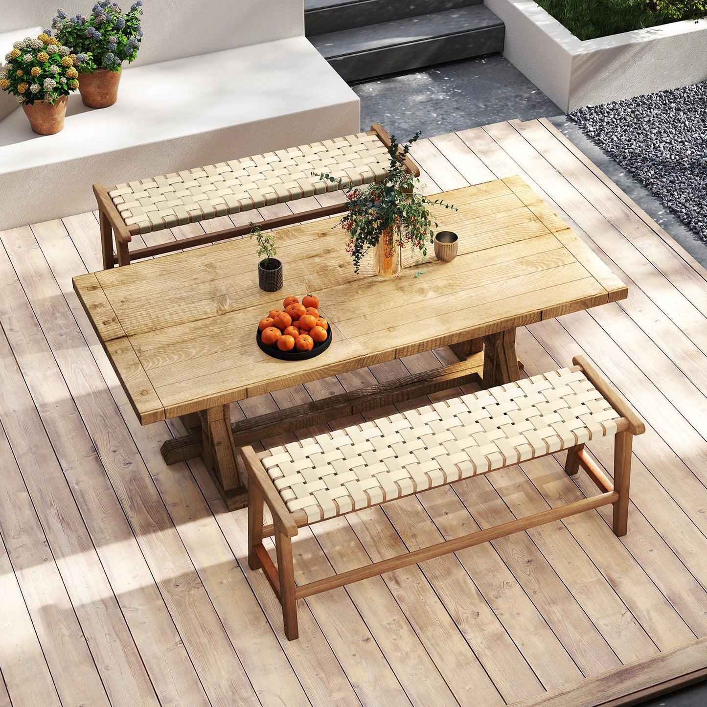 47 Inches Long Teak Wood Patio Bench with Weave Seat and Solid Wood Legs-Natural